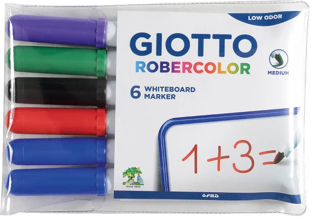 Giotto Robercolor whiteboardmarker, medium, ronde punt, etui met 6 stuks in geassorteerde kleuren blauw