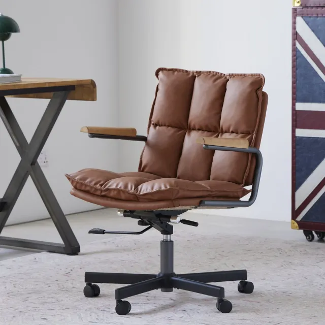 REDOM Kunstleren bureaustoel - Ergonomische rugsteun - Verstelbare zithoogte - 360° draaibaar - Met wielen - Metalen onderstel - Bruin - 65 x 46 x 72 cm