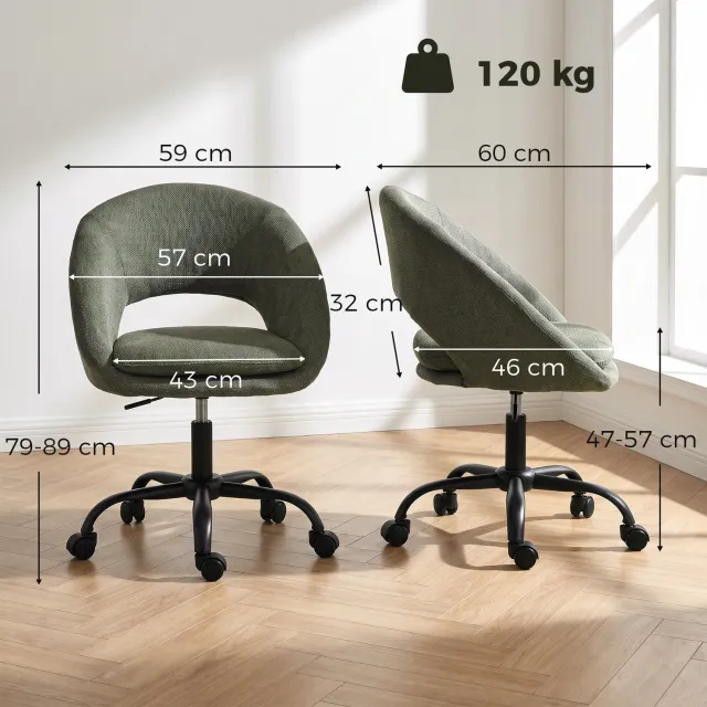 MUVANO Bureaustoel - Chenille bekleding - Vaste armleuningen - Dubbel zitkussen - 59 x 60 x 79-89 cm - In hoogte verstelbaar en draaibaar - Thuiskantoor donkergroen