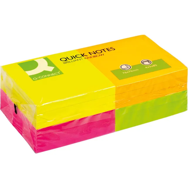 Q-CONNECT Quick Notes, ft 76 x 76 mm, 80 vel, pak van 12 blokken in 4 neonkleuren geel