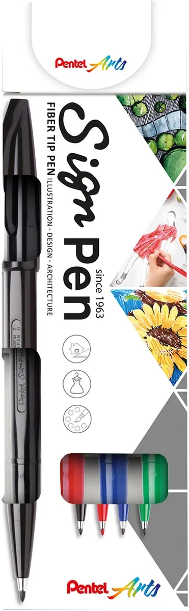 Pentel Sign Pen S520, blister van 4 stuks in geassorteerde kleuren blauw