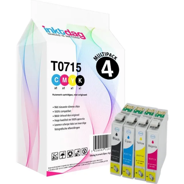 inktdag huismerk ink cartridges voor Epson T0715, multipack van 4 stuks (T0711 T0712 T0713 T0714) voor Epson Stylus D120, S20, S21, SX100, SX105, SX110, SX115, SX200, SX205, SX210, SX215, SX218, SX400, SX405, SX410, SX415, SX510W, SX600FW, SX610 Zwart