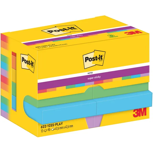 Post-it Super Sticky Notes Playful, 90 vel, ft 47,6 x 47,6 mm, pak van 12 blokken
