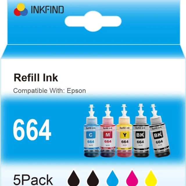 INKFIND 664 inkt geschikt voor Epson664 T664 Epson6641 Epson6642 T6641 T6642 T6643 T6644 4-kleuren multipack-5 PACK (Zwart x 2, Cyaan x 1, Magenta x 1, Geel x 1) voor voor Epson EcoTank ET-2600 ET-2650 ET-2500 ET-2550 ET-4500 ET-14000 70ml Zwart x 2, 70ml Cyaan x 1, 70ml Magenta x 1, 70ml Geel x 1