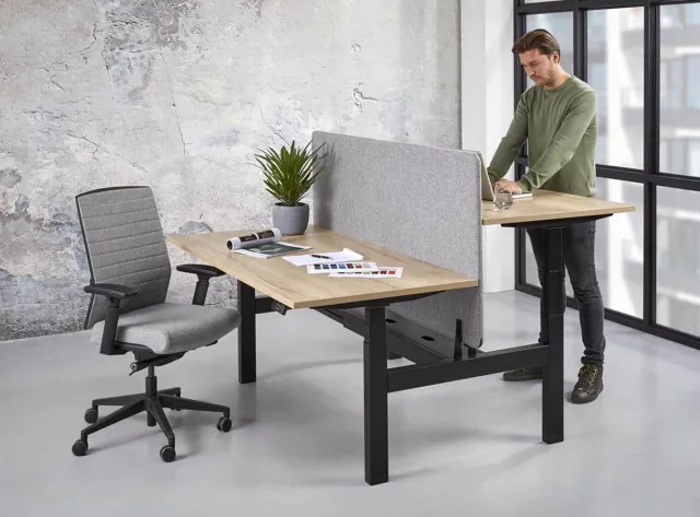 ABC Kantoormeubelen Duo bench elektrisch verstelbaar zit/sta bureau Teez breed 120CM diep 80/80CM bladkleur Robson Eiken framekleur Zwart (RAL9005) Zwart (RAL9005)/Robson Eiken