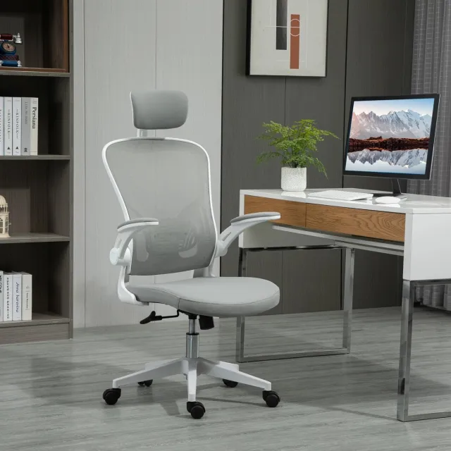 MEUNIQ ergonomische bureaustoel met verstelbare hoofdsteun, wippfunctie en mesh rugleuning, hoogte verstelbaar 65 x 64 x 114-122 cm, grijs
