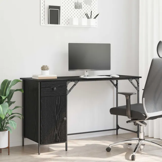 vidaXL Computerbureau Zwart Eiken 131 x 48 x 75 cm Bewerkt hout, foto 2