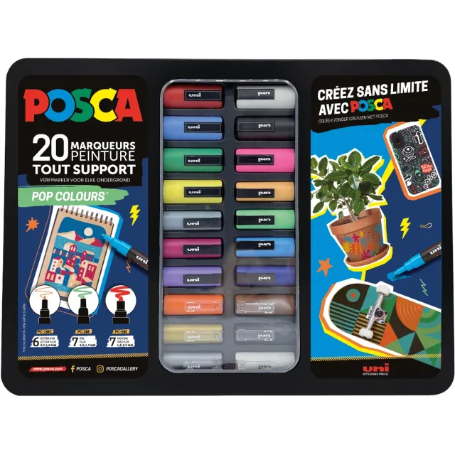 Posca paintmarkers, metalen doos van 20 stuks, assorti, ontwerp Pop Colours