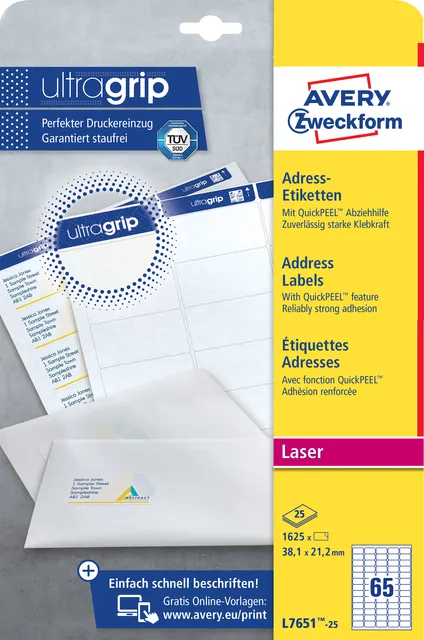Avery Etiket Avery L7651-25 38.1x21.2mm wit 1625 stuks