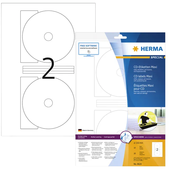 Herma Etiket HERMA 8624 CD 116mm wit opaqua 20 stuks
