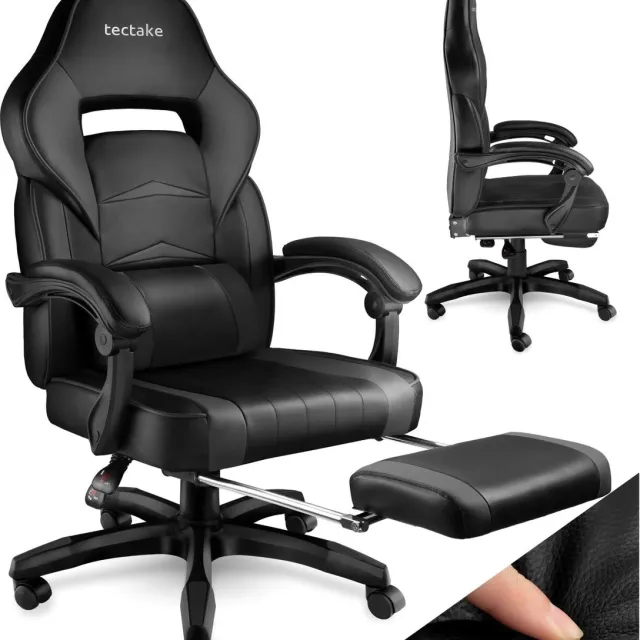 Tectake Bureaustoel - Gamingstoel met verstelbare rugleuning, voetensteun en armleuningen - Inclusief nekkussen en lendensteun - Ergonomisch - In hoogte verstelbaar - Maximale belastbaarheid 120 KG - Afmeting (LxBxH) 70x75x120-128 cm - Zwart / zwart