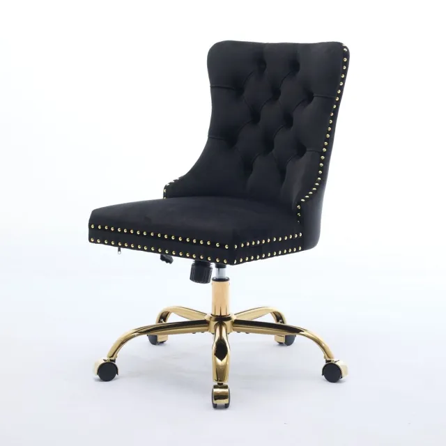 Ropilly Zwarte Fluwelen Bureaustoel - Draaibare Thuiskantoor Stoel - In Hoogte Verstelbaar - Gecapitonneerd - Gouden Basis - Kantoor - 63x50x98 cm - Zwart