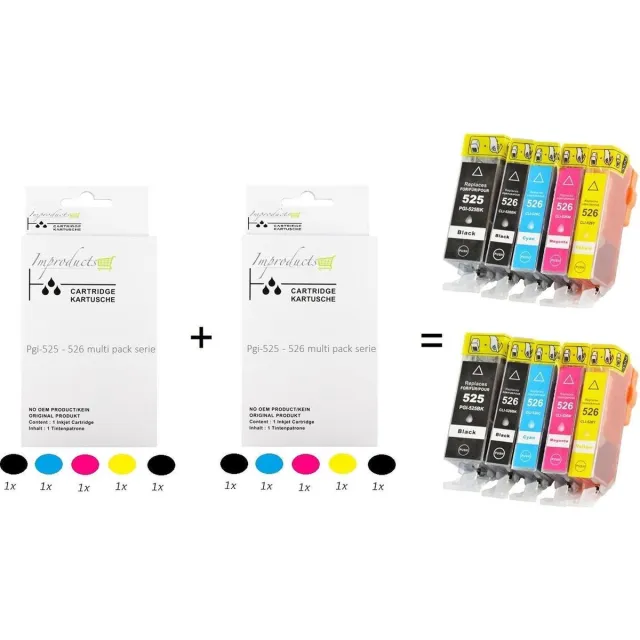 Improducts Inkt cartridges - Alternatief Canon PGI-525 / CLI-526 XL multi pack 10 stuks Multicolor - Zwart (2x), Cyaan (2x), Magenta (2x), Geel (2x) + Zwart foto (2x)
