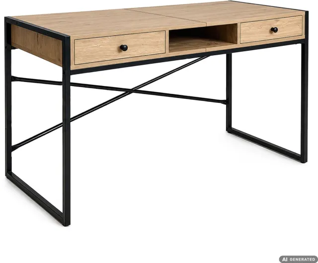 Akord Computertafel Bureau ELONIS / Industrieel / 123 cm / Artisan Eiken / 2 Lades / 1 Plank / Zwarte Poten