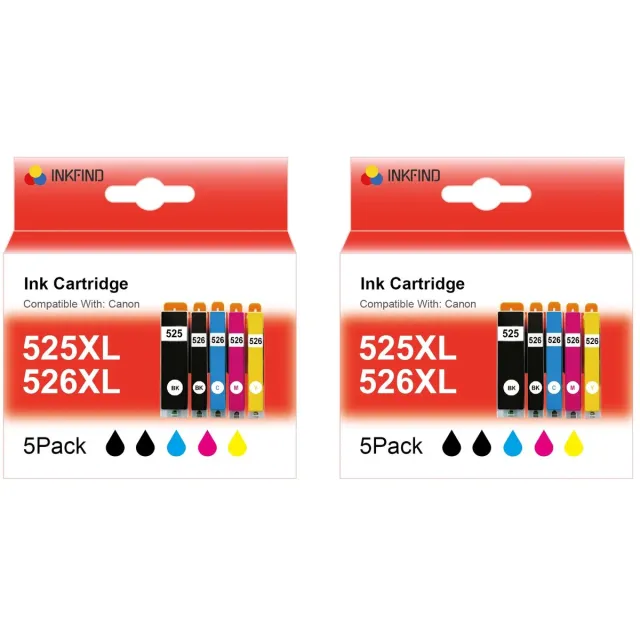 INKFIND 525XL 526XL inktcartridge voor Canon 525XL 526XL PGI-525 CLI-526 PGI525 CLI526 inktcartridge multipack 10 stuks (2*5pack = foto Zwart x 2, Zwart x 2, Cyaan x 2, Magenta x 2, Geel x 2)