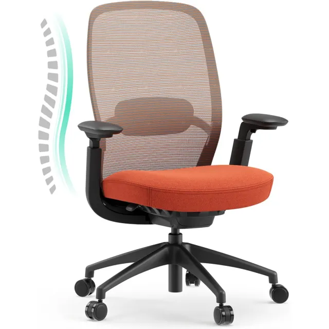 COLAMY Ergonomische Bureaustoel - Adaptieve Rugleuning en Kantelvergrendeling - Mesh Bureaustoel met 4D-Armleuningen - Verstelbare Lendensteun - Zadelvormig Zitkussen - Extra Stevige Computerstoel tot 136 kg Oranje