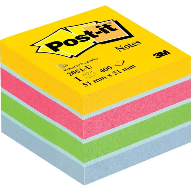Post-It Notes mini kubus, 400 vel, ft 51 x 51 mm, geassorteerde kleuren blauw
