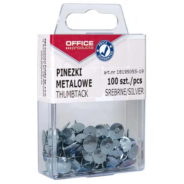 Office Products punaises, zilver, plastic ophangdoosje van 100 stuks