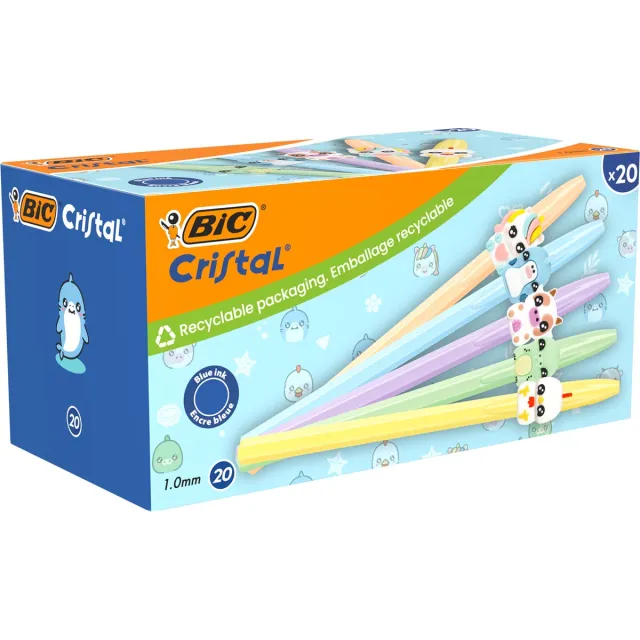 Bic balpen Cristal Medium pastel figurines, doos van 20 stuks, assorti blauw