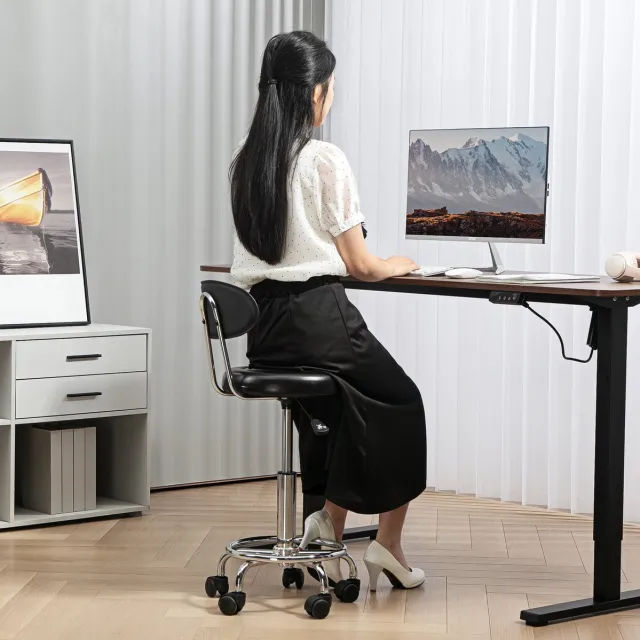 OKWISH Bureaukruk - Hoogteverstelbaar en Draaibaar Met Rugleuning en Wielen - Voor Salon, Bureau en Kaptafel - Kunstleer - Zwart Black