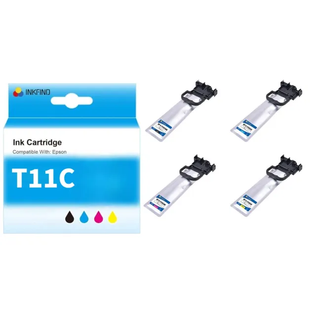INKFIND T11C Inktcartridge compatibel met Epson T11C (T11C1/T11C2/T11C3/T11C4) C13T11C140 C13T11C240 C13T11C340 C13T11C440 Hoge Capaciteit - 4-pack Zwart*1 en Kleur*3 Geschikt voor Epson WorkForce Pro WF-C5390DW Epson WorkForce Pro WF-C5890DWF Zwart, Cyan, Magenta, Geel