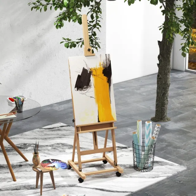 OKWISH Staffelei Hoogteverstelbaar 178 Tot 238 Cm Hout Naturel Zwart Met 4 Wielen Opklapbaar Met Stabiele Driepoot Voor Atelier En Schilderen Natuurlijk hout