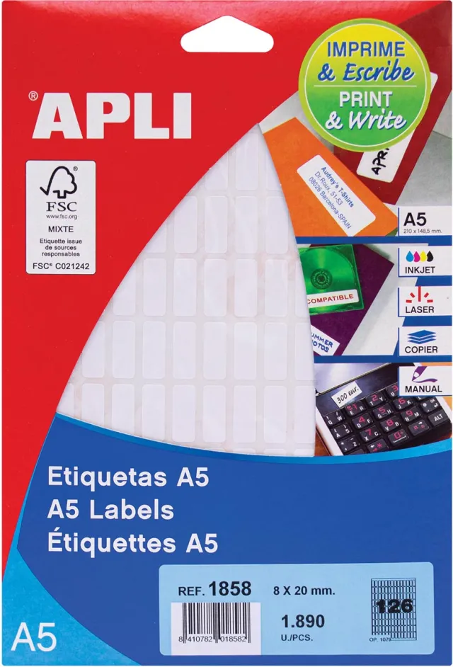 Apli witte etiketten Print & Write ft 8 x 20 mm (b x h), 1.890 stuks, 126 per blad (1858)