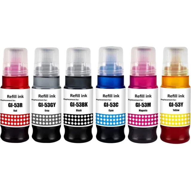 Inktkenners Navulflessen Geschikt voor Canon GI-53 | Multipack van 6 stuks Geschikt voor Canon Pixma G540 G 550 G550 G640 G 650 zwart, cyaan, magenta, geel, grijs, rood