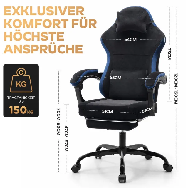 DESMIU Gamingstoel 65 cm Breed - Verstelbare Zithoogte en Kantelbare Rugleuning - Met Hoofdsteun - Voor Kantoor en Spel - Stof - Zwart en Blauw