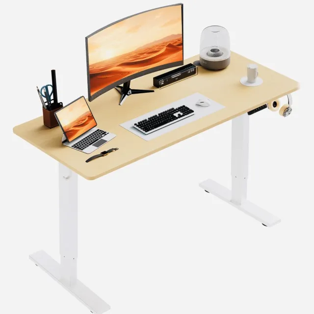 HOMAVO Zit-sta bureau 140 x 60 cm - Elektrisch in hoogte verstelbaar 70-117 cm - Anti-botsingstechnologie houtkleur