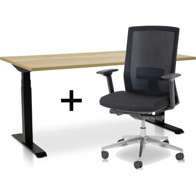 Lineaflex MRC Zit-sta bureau elektrisch verstelbaar + ERGO Bureaustoel | ARBO PRO NEN-EN 527 Thuiswerkset | frame bureau zwart - bureaublad robuust eiken | 120x80 cm Zwart bureauframe