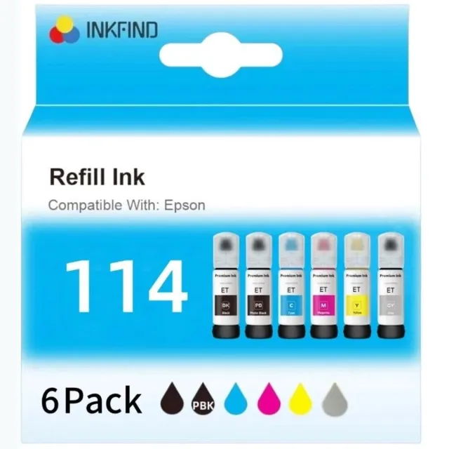 INKFIND 114 inkt geschikt voor Epson114 Epson 114 EcoTank 6-kleuren multipack voor Epson EcoTank ET-8500 Epson EcoTank ET-8550 Zwart, foto zwart, Cyaan, Magenta, Geel, Grijs