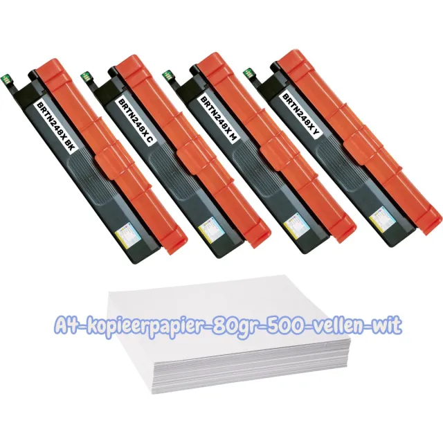 KATRIZ Huismerk Toner TN248X/TN-248X/TN 248 multipack van 4 stuks + 1 pak A4 papier– Geschikt voor Brother DCP-L3515CDW/L3520CDW/CDWE/L3555CDW/L3560CDW/ HL-L3215CW/L3220CW/CWE/L3240CDW/L8230CDW/L8240CDW/ MFC-L3740CDW/CDWE/L3760CDW/L8340CDW/L8390CDW Zwart, Cyaan, Magenta,Geel