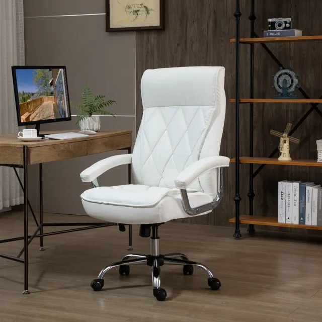 OKWISH Bureaustoel - Ergonomisch En In Hoogte Verstelbaar Met Wipfunctie En Hoofdsteun - Voor Thuiskantoor - Kunstleer - Wit White