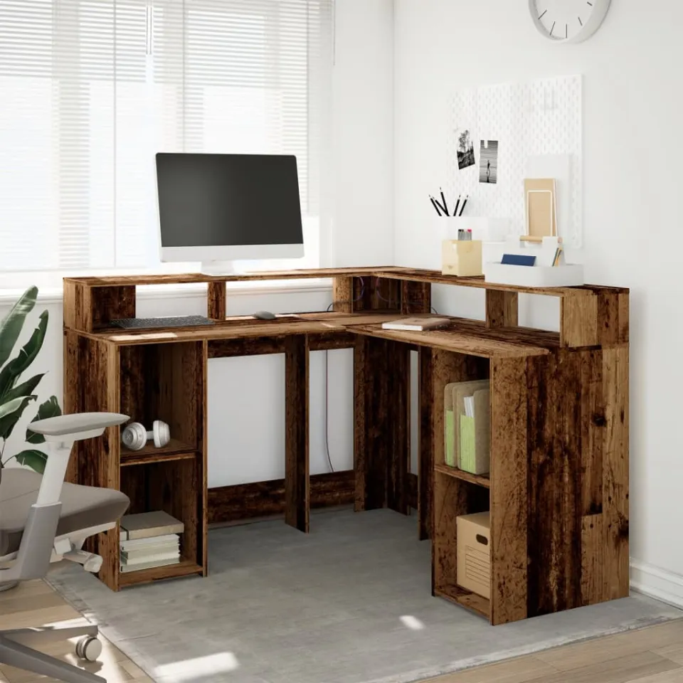 vidaXL Bureau met LED-verlichting 130x130x91 cm bewerkt hout oud hout bruin, foto 2