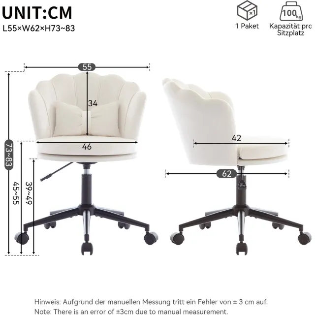 MODENUIT Bureaustoel 55x62x73-83 cm - Draaibaar en In Hoogte Verstelbaar - Voor Bureau en Kaptafel - Fluweel Beige