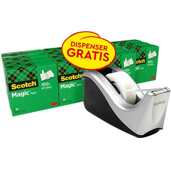 Scotch Plakband Scotch Magic 819 19mmx33m mat + plakbandhouder zilver 16 rollen