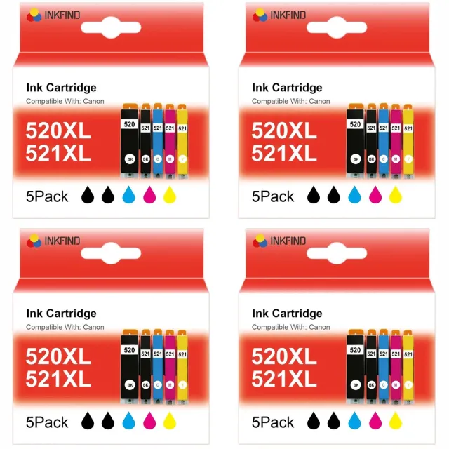 INKFIND 520XL 521XL inktcartridge voor Canon 520XL 521XL PGI-520XL CLI-521XL PGI520 CLI521 inktcartridge multipack 20 stuks (4*5pack=Zwart x 4, foto Zwart x 4, Cyaan x 4, Magenta x 4, Geel x 4) Canon Pixma IP3600, IP4600, IP4700, MP540, MP550, MP620