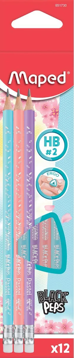 Maped potlood Black'Peps Pastel, met gum, kartonnen ophangetui met 12 stuks blauw