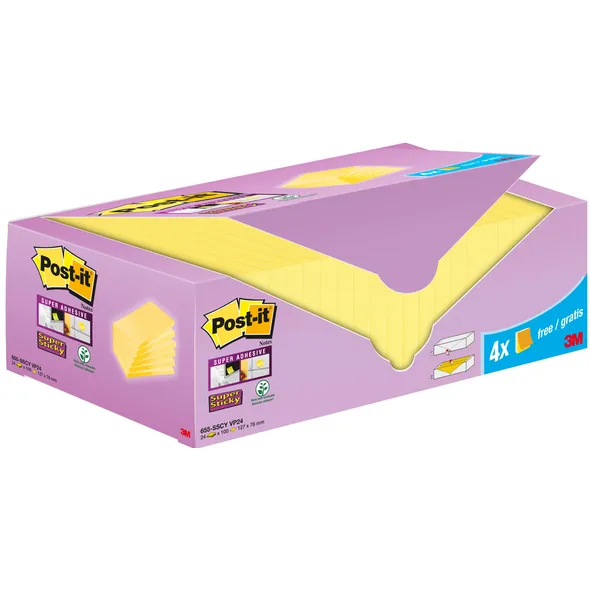 Post-It Memoblok 3M Post-it 655-SSCY Super Sticky 76x127mm geel voordeelpak