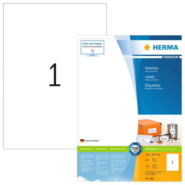 Herma Etiket HERMA 4631 210x297mm A4 premium wit 200 stuks