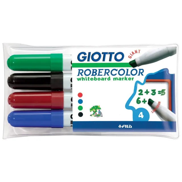 Giotto Robercolor whiteboardmarker maxi, schuine punt, etui met 4 stuks in geassorteerde kleuren blauw