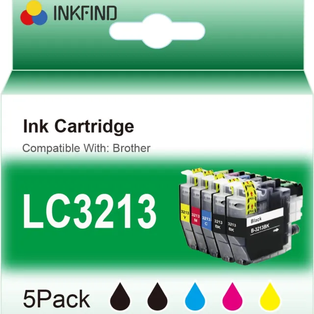 INKFIND LC3213 inktcartridge voor BrotherLC3213 LC3211 LC-3211 LC3213 LC-3213 inktcartridge multipack van 5 stuks (2 x zwart, 1 x cyaan, 1 x magenta, 1 x geel) voor Brother MFC-J491DW MFC-J497DW DCP-J572dw MFC-J890DW MFC-J895DW DCP-J772DW DCP-J774DW Zwart x 2, CYAAN x 1, MAGENTA x 1, GEEL x 1