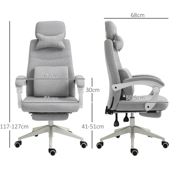 FloraGrace Bureaustoel - Ergonomisch Met Voetensteun - Verstelbaar En Draaibaar - Voor Werk En Ontspanning - Polyester - Grijs