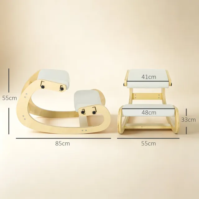 MUVANO Ergonomische kniestoel - Houten basis - Zes verstelbare standen - Gewatteerde knieondersteuning - 55 x 85 x 55 cm - Dynamisch zitten - Kantoor crèmewit