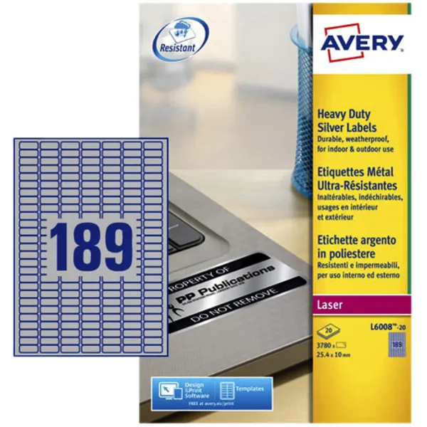Avery Etiket Avery L6008-20 25.4x10mm zilver 3780 stuks