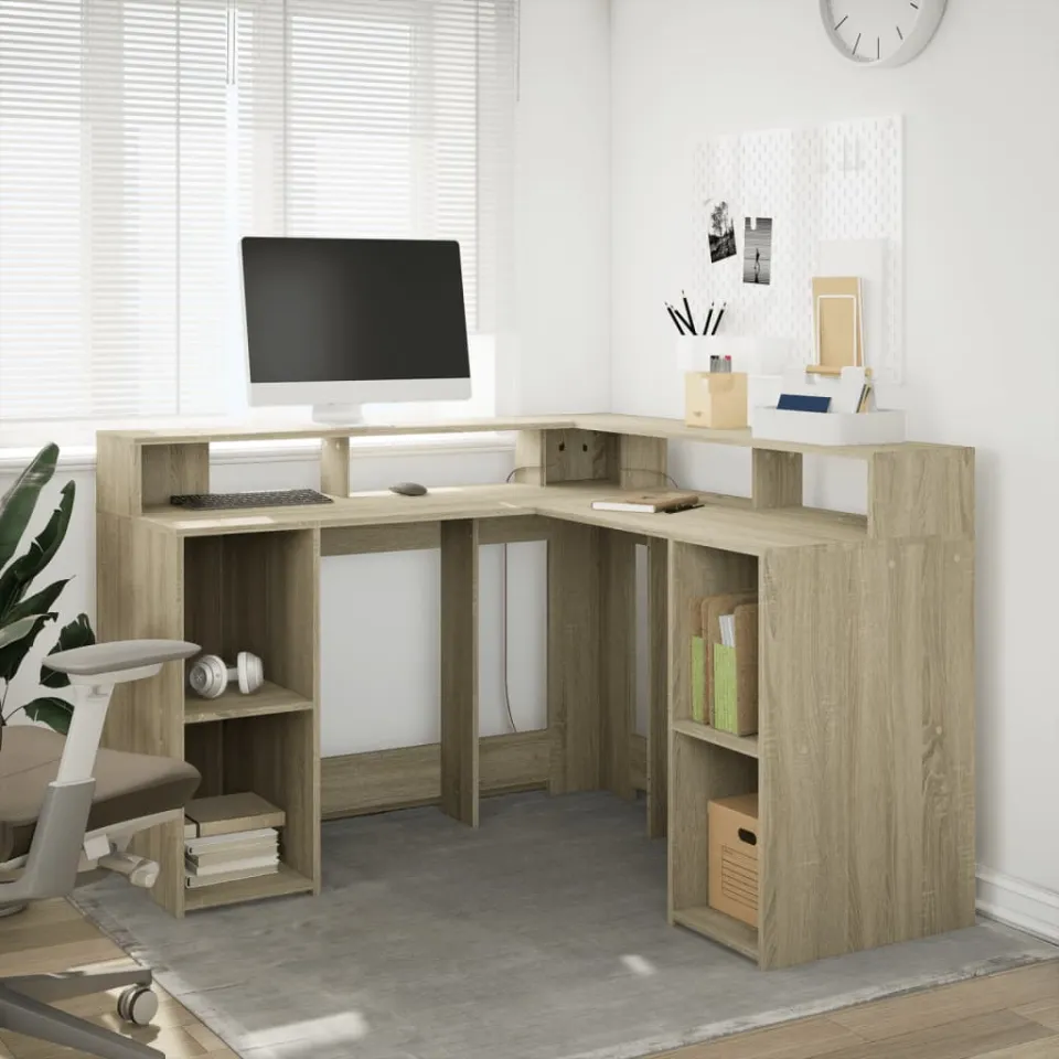vidaXL Bureau met LED-verlichting 130x130x91 cm hout sonoma eikenkleur, foto 2