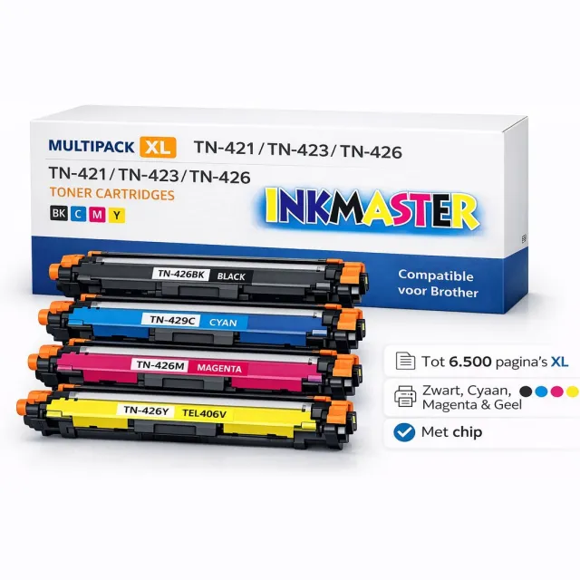 inkmaster Premium Toner Multipack TN-421 / TN-423 / TN-426 – Geschikt voor Brother – Zwart, Cyaan, Magenta, Geel BK-C-M-Y