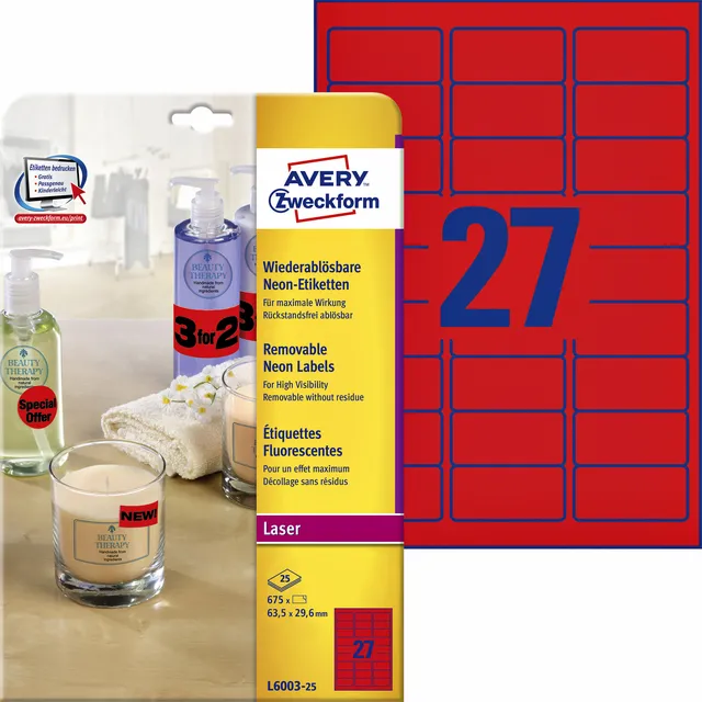 Avery Etiket Avery L6003-25 63.5x29.6 neon rood 675 stuks