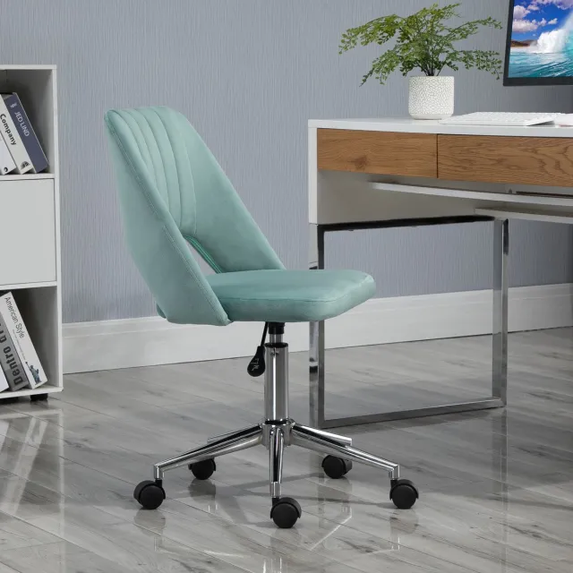 MEUNIQ Bureaustoel zonder armleuningen 49 x 60 x 79-91 cm in groen met velourslook, verstelbare zithoogte, draaibare zitting en wielen voor thuiswerkplek of slaapkamer
